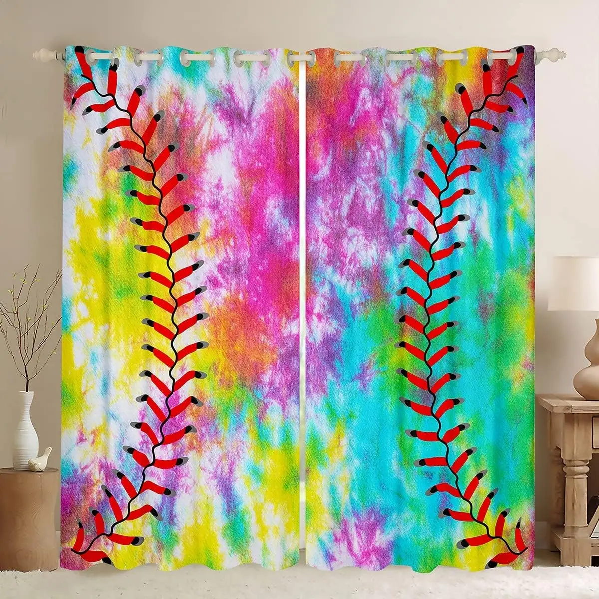Modern Baseball-Softball Themed Soft Velvet Blackout Sheer Curtains, Colorful Print Privacy Grommet Home Decoration Curtains for Sports Gaming Bedroom Window, Home Decoration Curtain, Privacy Grommet Curtains