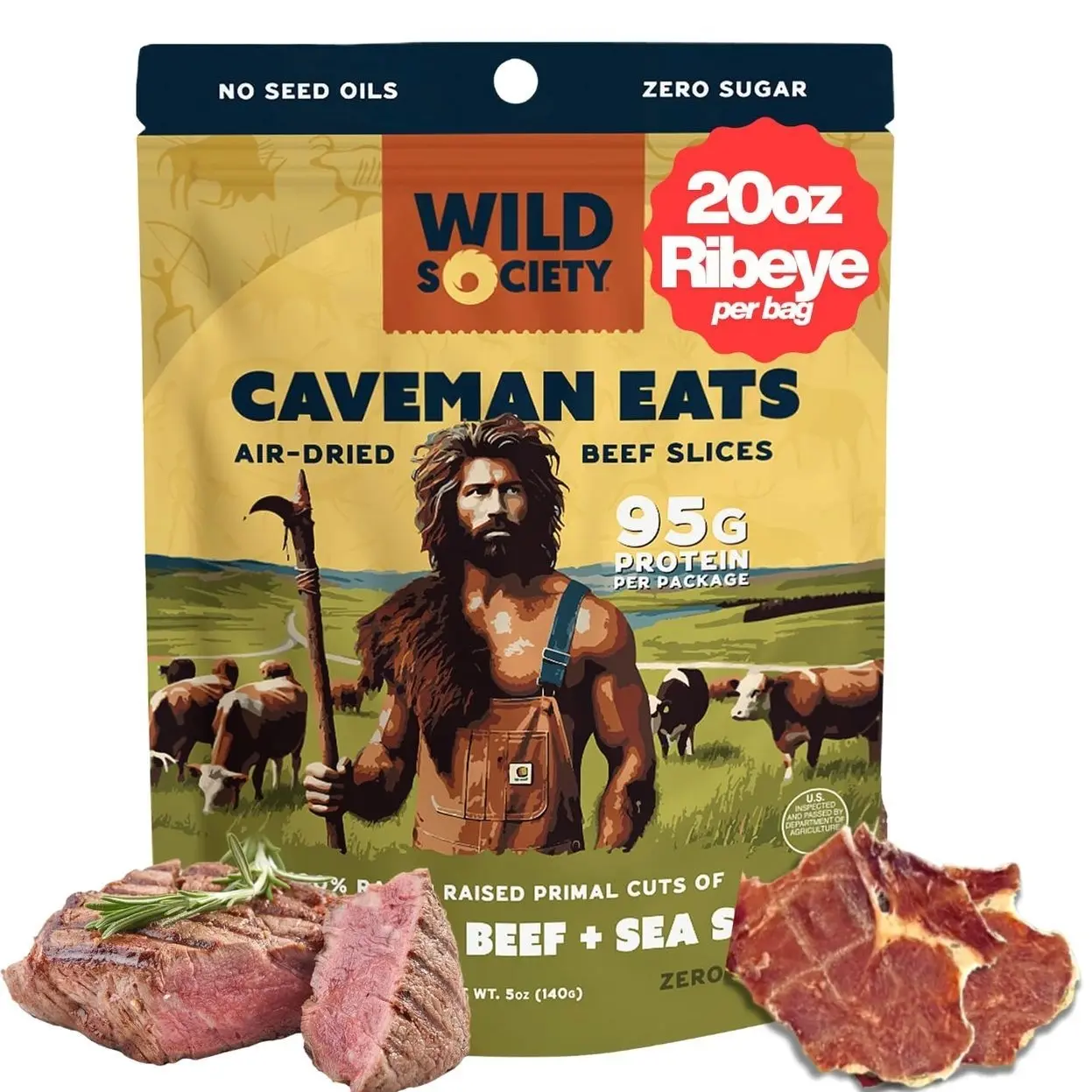 Wild Society - Caveman Eats - Grass Fed Ribeye Steak Slices - 95g Protein - Only Steak & Salt - 2 Ingredients - Air dried Beef Jerky Carnivore Snacks Crisps - Sugar Free, Gluten Free, Keto, Paleo (5oz)