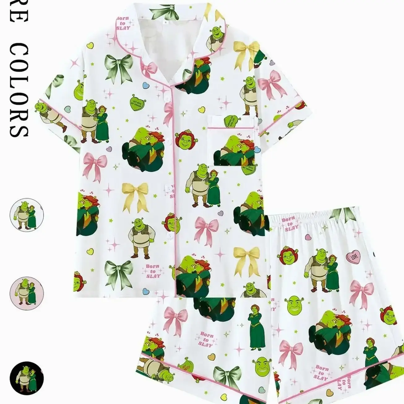 Shrek Movie Cartoon Print Cute Bow Collar Short Sleeve Pajama Set, Comfortable Sleepwear for All Seasons, Princess Fiona Gift, Loose-Fitting Loungewear, Pyjamas, Pjs, Homewear, Everyday, Pajamas Sets