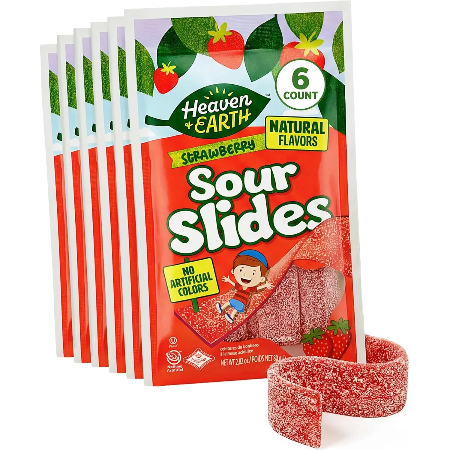 Heaven & Earth Strawberry Sour Slides Candy, 2.8 oz (6 Pack) | Sour Belts | Natural Flavors, No Artificial Colors | Made with Real Fruit Juice | Chewy, Sour Candy Strip