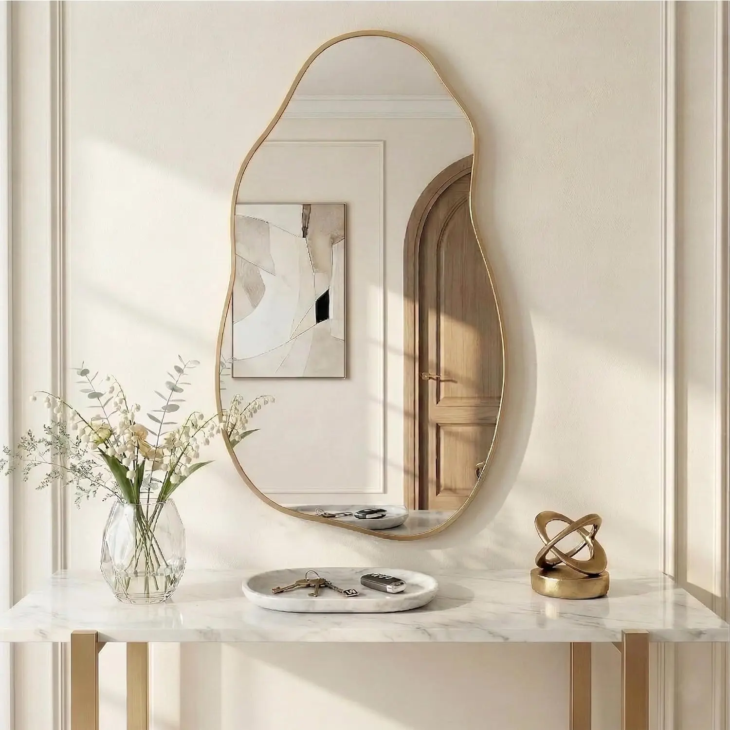 Modern 36"x20" Rectangle Asymmetrical Wall Mirror, Large Irregular Wavy Tempered Glass Mirror with Matte Gold Rust-Proof Aluminum Frame, Horizontal-Vertical Hanging for Bathroom Vanity, Living Room Decor
