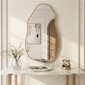 Asymmetrical Wall Mirror 36"x20", Large Irregular Wavy Mirror for Bathroom Vanity, Matte Gold Rust Proof Aluminum Frame, Tempered Glass Horizontal or Vertical Hanging for Living Room Decor