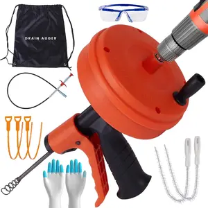 50ft drain auger with Drill Attachment Kit Includes drain snake Gloves Glasses Brushes Plastic Drainers and Bag for Quick Clog Removal