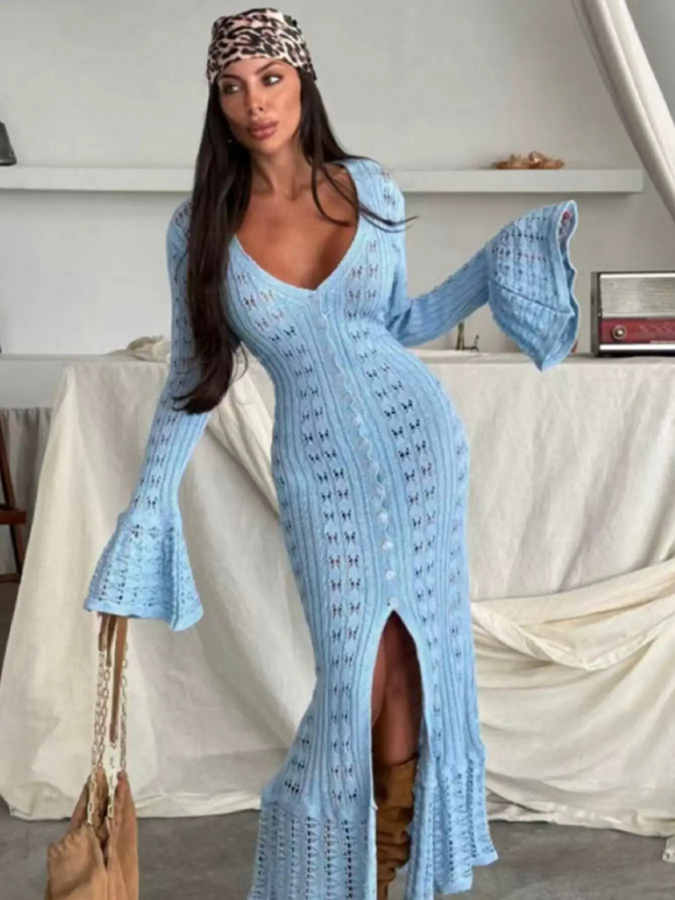 Fashion Flare Sleeve Long Knit Cardigan, Vacation Style Slim Fit Hollow Out Texture Cover Up, Street Style All Seasons