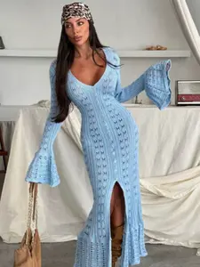 Fashion Flare Sleeve Long Knit Cardigan, Vacation Style Slim Fit Hollow Out Texture Cover Up, Street Style All Seasons