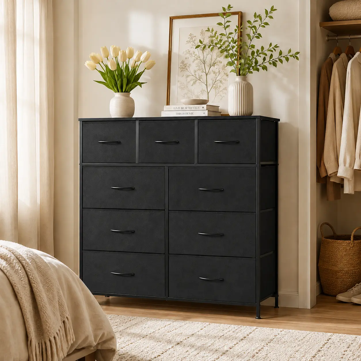 [DEAL] 9-Drawer Dresser, Storage Unit Organizer Chest for Clothes Tall Dresser & Chest for Bedroom, Hallway, Living Room, Dorm- Steel Frame, Wood Top