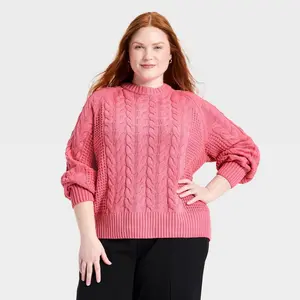 Women's Round Neck Cable Sweater - A New Day Pink XXL