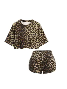 Summer New Round Neck Loose Casual Fit Digital Leopard Print Crop Top + High Waist Butt Lifting Shorts Fashion Womenswear Set