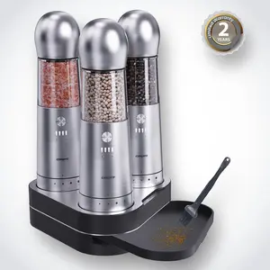 Electric Salt and Pepper Grinder Set of 3 with Wireless Charging, Rechargeable Automatic Pepper Mill, Upgraded Larger Capacity，One Hand Button Use, Adjustable Coarseness, Easy Clean, Kitchen Table Gift Stainless-Steel gravity Alien and Pepper Shakers