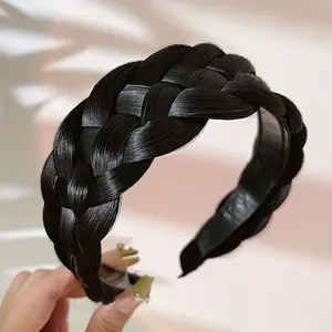 [Elegant Headband] 1pc Elegant Vintage-Inspired Braided Headband|   Wide Non-Slip Fishbone Braid with Teeth, Handcrafted Synthetic Hair Voluminous Bun Accessory, Polyester, Brown & Black Options for Stylish Updos