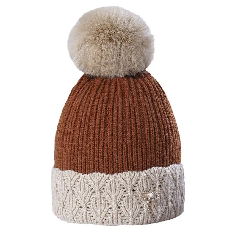 Fleece Lined Winter Beanie for Women Korean Style Thick Warm Knit Hat Versatile Daily Wear Cozy Trendy Accessory with Faux Fur Pom Pom