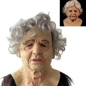 Elegant White-Haired Old Lady Cosplay Latex Mask Creepy Realistic Granny Face Prop With Fluffy Gray Hair Halloween Party Cosplay Stage Performances Costume Props