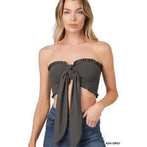 Ash Grey Smocked Tie Front Tube Top - 68% Polyester 27% Rayon 5% Spandex Women's Fashion Top