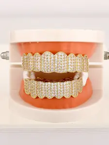 Hiphop Full Diamond Gold Teeth Grills, Rapper Style Grillz, Fully Encrusted 8a Zircon Design, Daily Casual Hip Hop Accessory