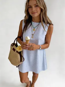 IDEALSANXUN Women's Striped Cotton Sleeveless Crewneck Mini Sundress - Casual Boho Bohemian Retro Beach Outfits, Cute Clothes with Buttons for Spring Summer, Women's Clothes, Stylish Women's Wear summerwins
