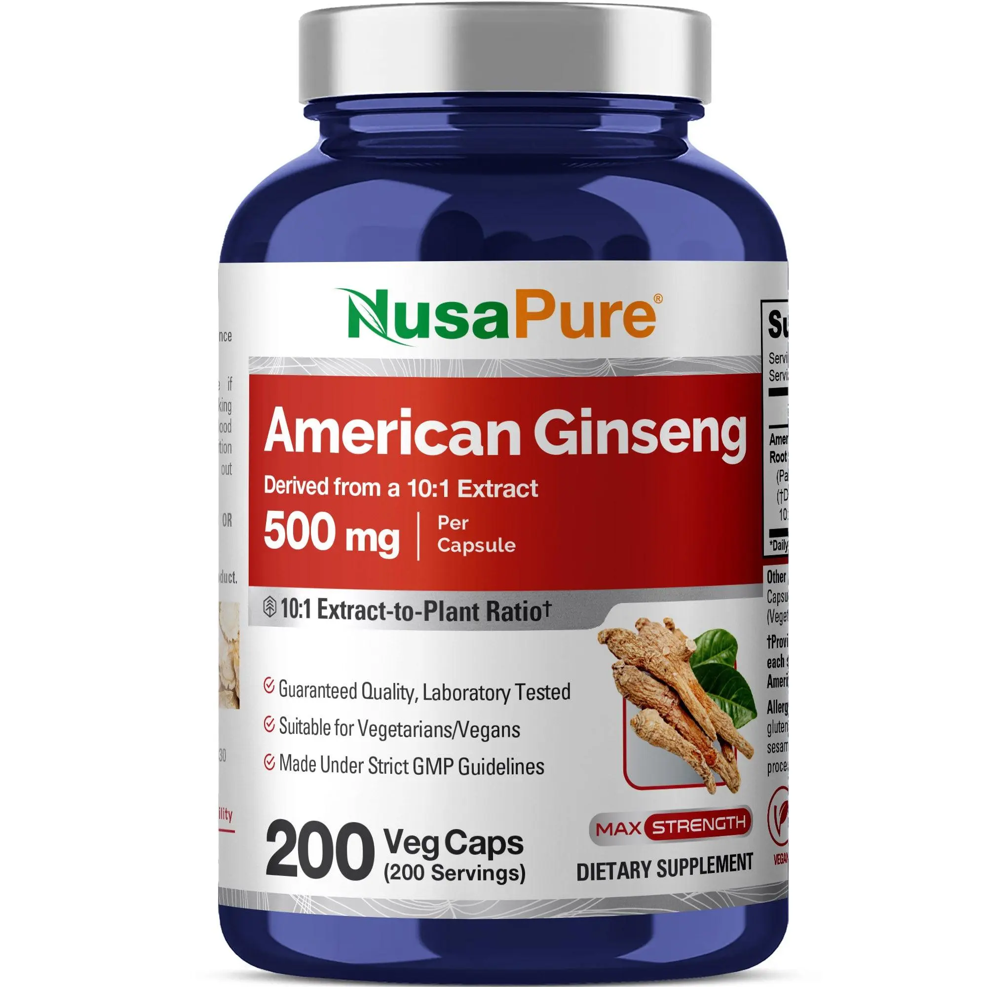 NusaPure High Potency American Ginseng 10:1 Extract Dietary Supplement - 500mg Natural Herbal Capsules, 200 Count, Vegetarian, Vegan, Non-GMO, Immune Support