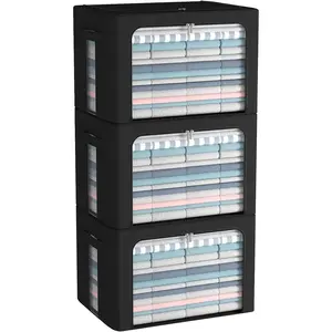 3Pack Foldable Storage Bins - Frame Storage Box Linen Fabric Stackable Clothes Container Organizer with Clear Window & Carry Handles Large Capacity (Large-66L, Black)