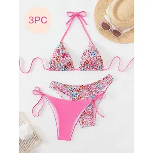 2026 Women's Three-Piece Bikini Swimsuit Set Floral Print Sporty Hot Spring Beachwear with Tie Strap,Summer Vibes