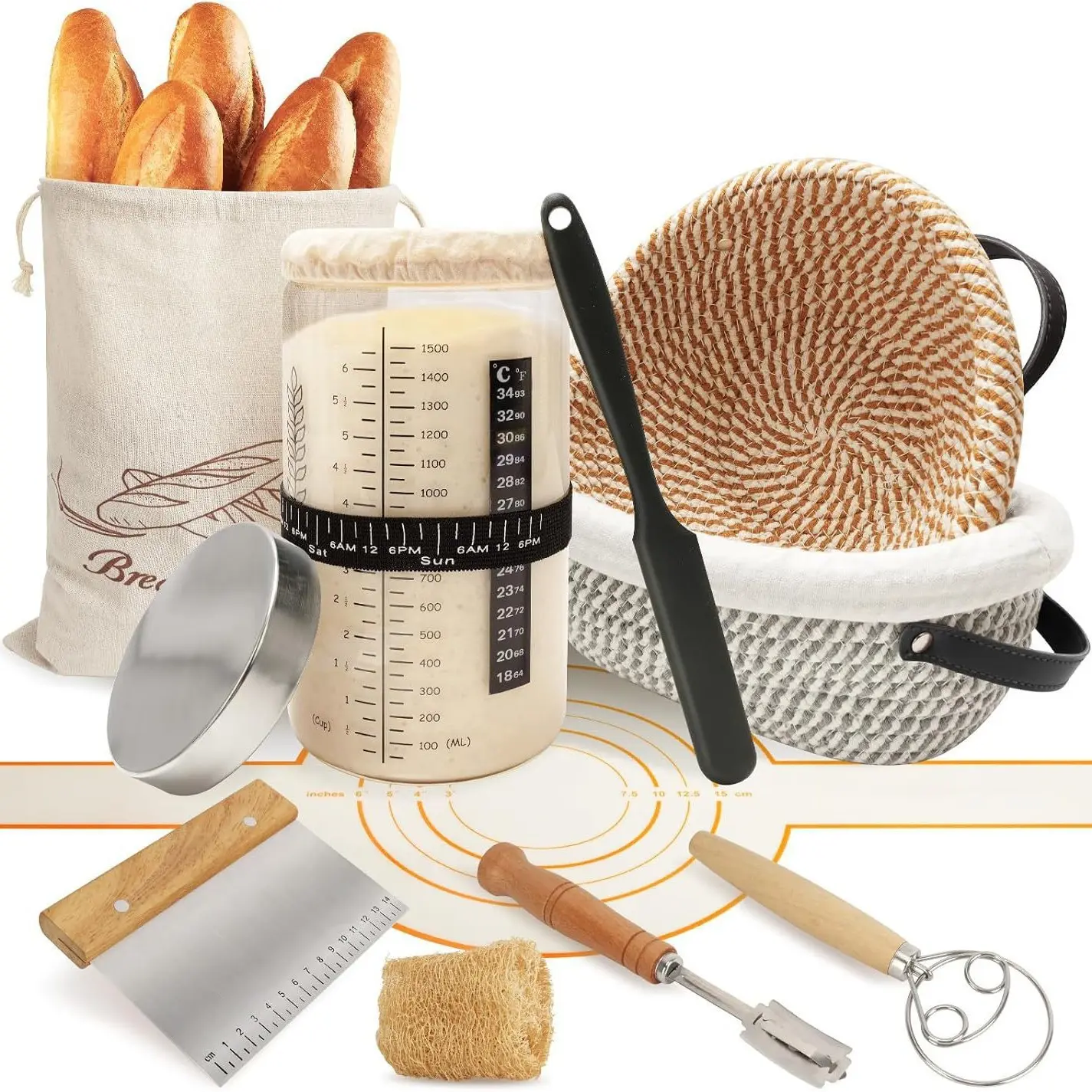 Cotton Rope Bag Proofing Basket Set, 50 oz Sourdough Jar, Oval & Round Bread Proofing Baskets, Sourdough Starter Kit, Bread Making Tool Kit