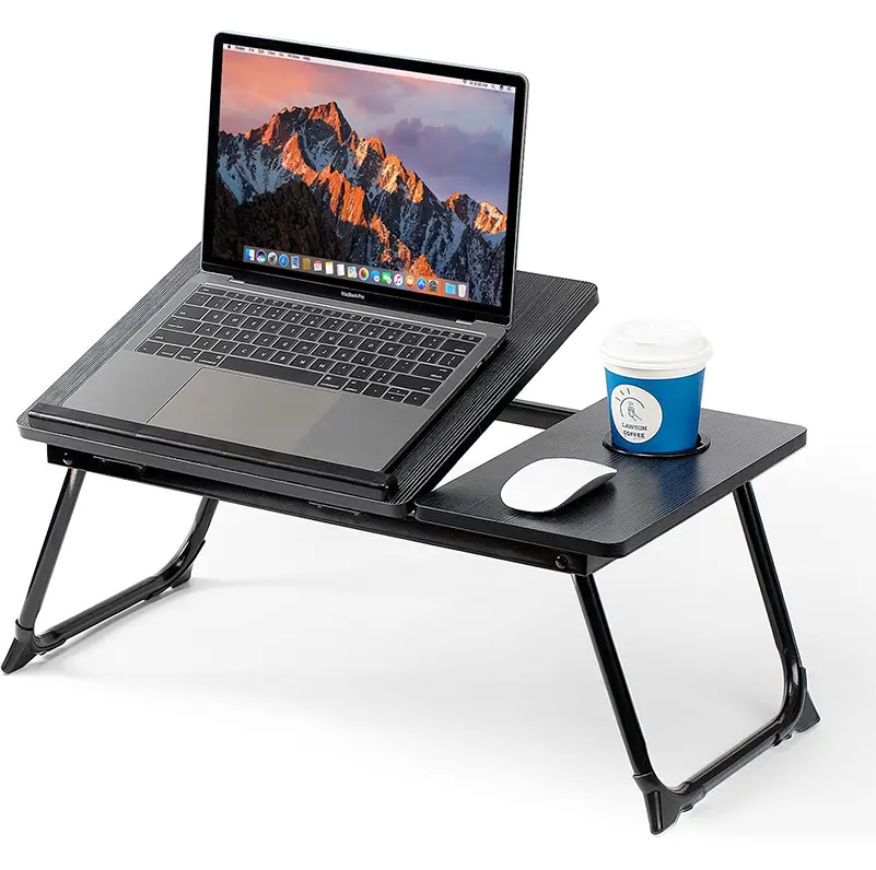 Black Adjustable Bed Laptop Desk - Split Top, Cup Holder, Foldable Legs, Portable Stands & Trays Compatible with Most Laptops