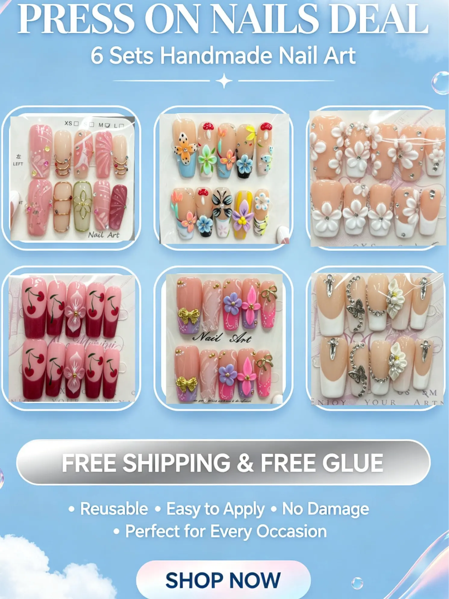 Fancia(20450)gc.Skip the salon! All Gorgeous square press on nails. 6 beautiful designs for only $30.