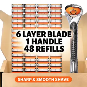 48-Piece Men's Razor Blade Replacement Set with Free Handle - Ultra Sharp Stainless Steel Blades for Smooth Shaving, Long Handle Double Edge Razor Blades, Travel Carry Handling Manual Shaver(48pcs)