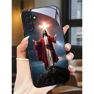 1 PC Jesus, Lightning, And A Glowing Cross  High-Quality Tempered Glass Craftsmanship Phone Case Suitable For Compatible With Sumsung Galaxy S25/24/23/22/21/20/10 Ultra/FE+,Note20,/Ultra,A70/56/55/54/53/52/51/36/35/34/32/26/25/24/23/16/15/14/06/05/03