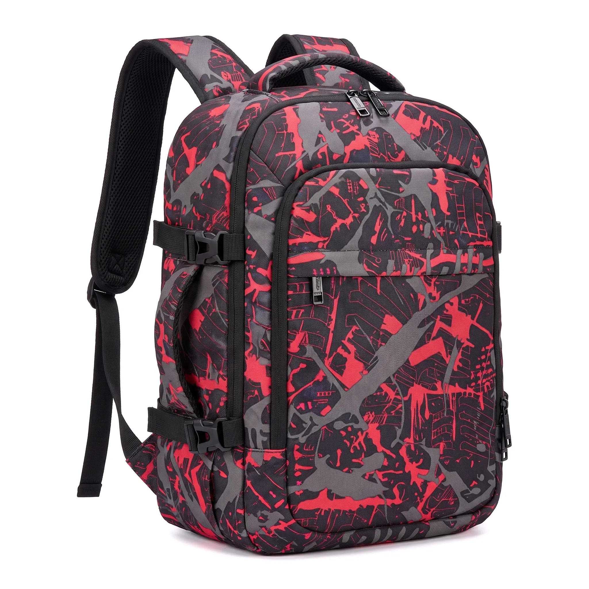 Travel Backpack for Men Women, 40L Flight Approved Carry on Backpack, Water Resistant Laptop Daypack Suitcase Bag with Luggage Strap Fits 17.3 Inch Notebook, Black Red Graffiti