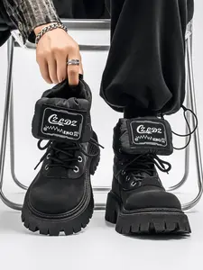 Men's High Top Suede Boots, Mid-Calf Flatform Casual Shoes, Round Toe Lace-Up, All Seasons, Medium Width, Trendy American Workwear