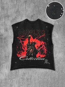 Men's Casual Vest Sleeveless Tank Top, Bottom Starry Sequins, Lady Liberty Print, Flame City Dark Print, Graphic, Silver Color Fabric, Street Style