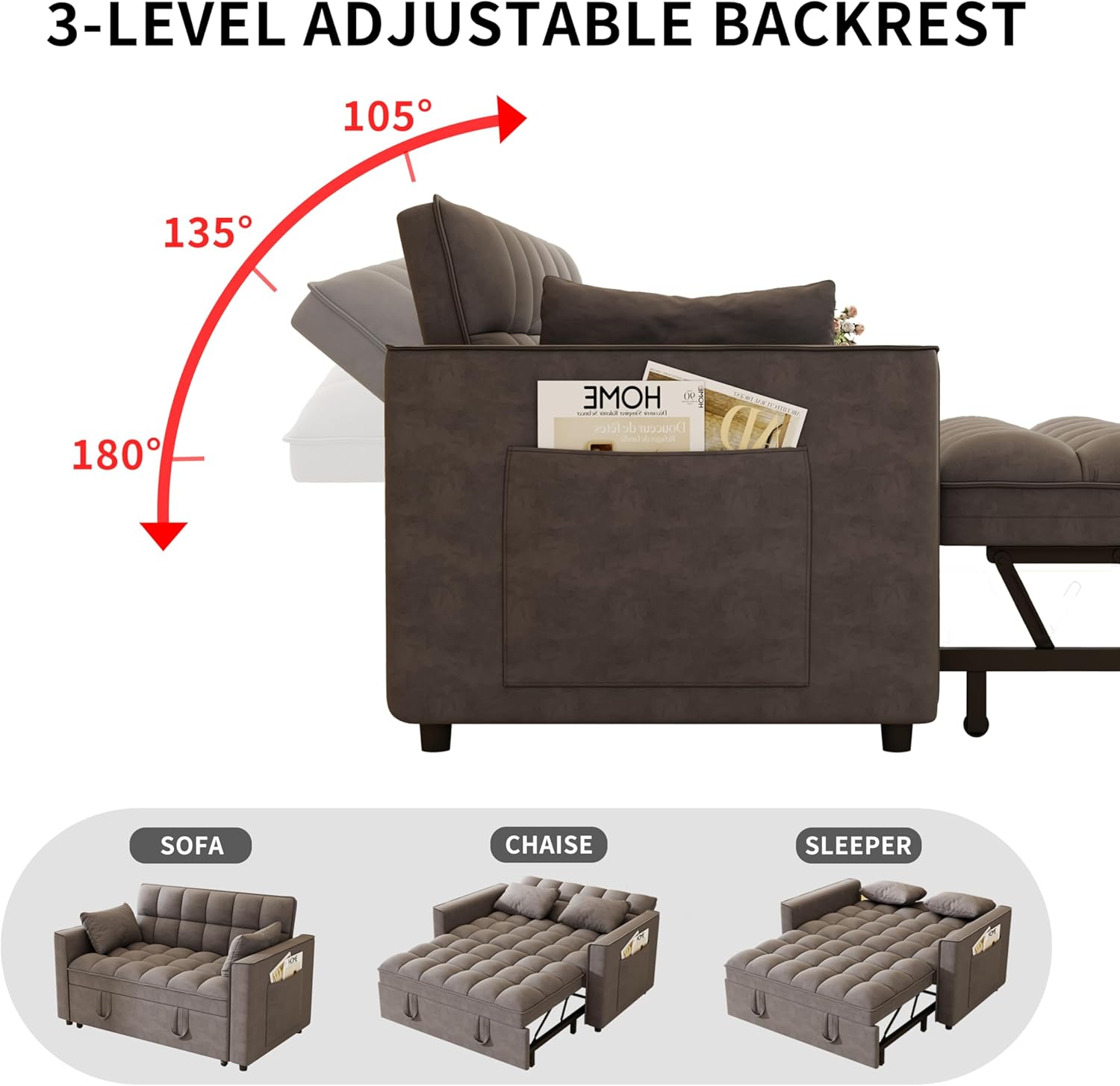 Convertible Sleeper Sofa Bed, Loveseat Sleeper Sofa with Large Side Pockets, Pull Out Sofa Bed with 3 Position Adjustable Backrest, 3 in 1 Velvet Couch Bed for Small Spaces, Apartment, Dark Gray