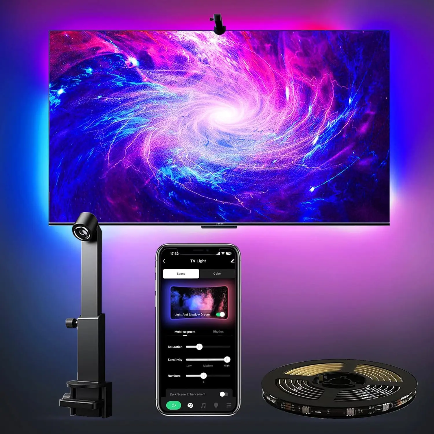 Smart TV LED Backlight with Camera, LED Strip Light, Tv Led Lights, Adjustable RGB Lighting, Syncs with 85 Inch Screens, APP Control Color Changing Light, App Controlled Led, Bluetooth-compatible Enabled, Rgb Led Effects