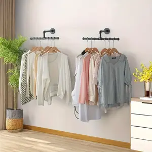 2pcs Industrial Pipe Wall Mounted Clothes Hanger Rack, Metal Construction with Powder Coated Finish, Vintage Retail Side Hanging Display Shelf for Boutique And Home Storage Organizer