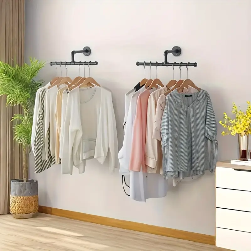 2pcs Industrial Pipe Wall Mounted Clothes Hanger Rack, Metal Construction with Powder Coated Finish, Vintage Retail Side Hanging Display Shelf for Boutique And Home Storage Organizer
