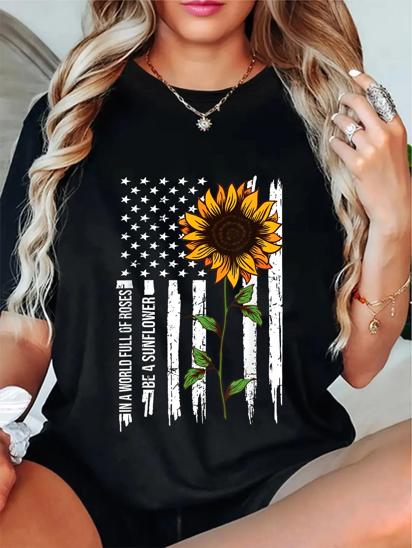 Men's Vintage Graphic T-Shirt - 100% Cotton, Short-Sleeve, Round Neck, Fitted, "Be A Sunflower" American Flag Print, Casual Streetwear Tops (Also for Women), Minimalist Preppy Style, All-Season Wear, Tshirt, Shortsleeve, Everyday, Sunflower Print