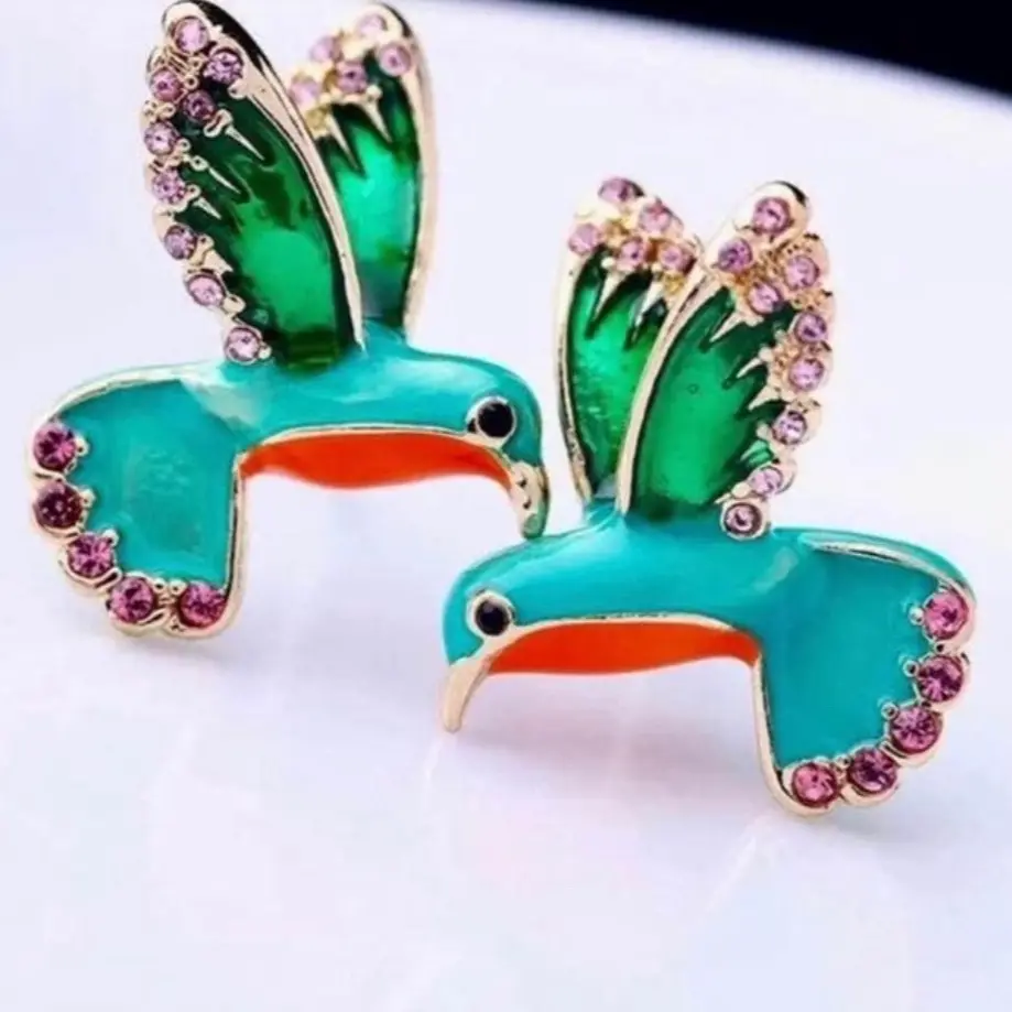 Absolutely Gorgeous Stunning Multi Colored Enamel Rhinestone Hummingbird Stud Earrings