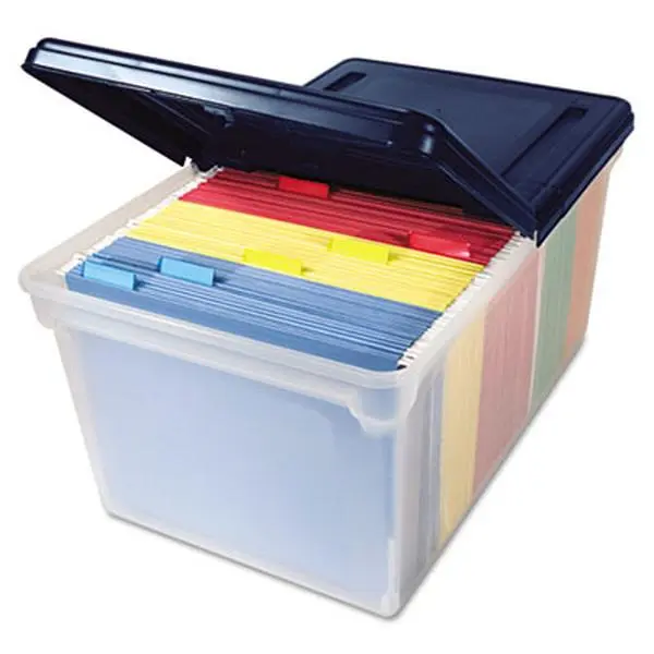 212 MAIN Innovative Storage File Folder Box with Stacking Lid, Easy Stacking Clear-Navy Plastic Box with Secure Closure, Holds Letter-Size Hanging File Folders for Office Filing (AVT-55797)