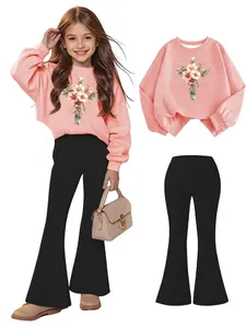 Girls' 2PCS Sweatshirt Pants Set Floral Embroidery Retro Cartoon Print Soft Pink Long-Sleeved Round Neck Hoodie & Bell Bottom Pants Coordinated Look for Autumn