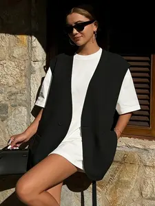 A light and mature black sleeveless suit vest, fashionable, loose and slimming, versatile and layered vest jacket, suitable for all seasons, suitable for home, indoor and outdoor wear