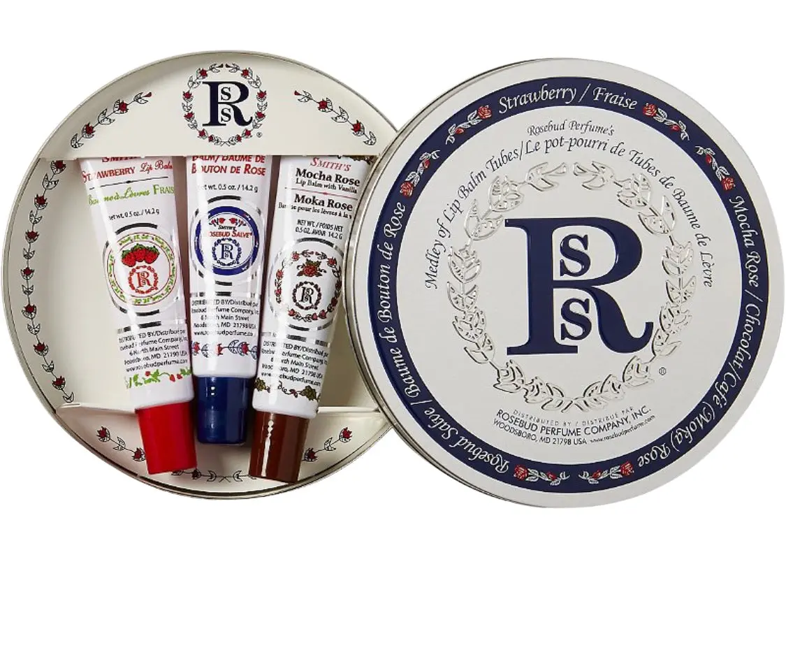 Rosebud Perfume Co. Lip Balm Trio Gift Set, Soothing Lip Moisturizer 3-Pack with Strawberry, Mocha Rose, and Original Salve in Vintage-Inspired Box, 0.5 oz Tubes, Beauty Routines