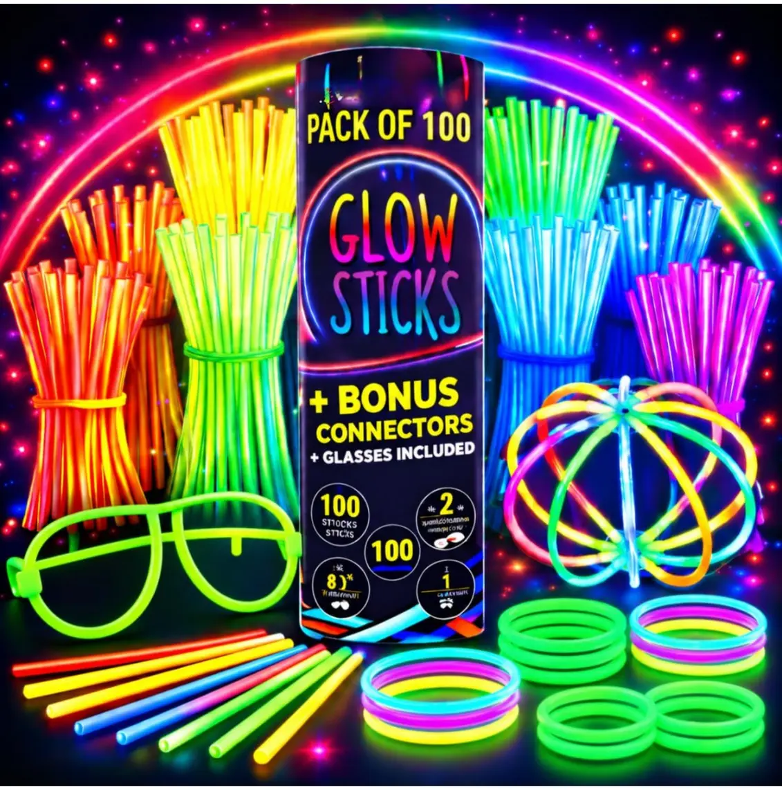 Cozy Fall Gifts Glow Sticks (205 Pcs Kit) Bulk Party Pack-100 Pack Glow Sticks with Connectors & Glasses- Party Favors for Kids 8-12- Neon Glow in The Dark Party Supplies for Birthdays & Events