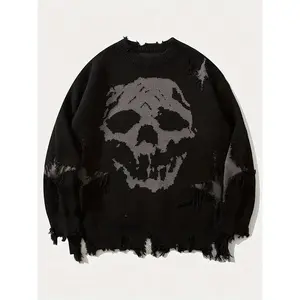 Men's Casual Crewneck Sweater with Skull Print, Ripped Fringe Men's Casual Crewneck Sweater with Skull Print, Ripped Fringe