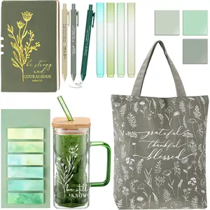 STANDARD GOODS 14 Pcs Bible Journaling Kit 16 Oz Green Glass Cup Canvas Bag A6 Leather Journal Notebook Bible Highlighters Ballpoint Pens Sticky Note Sticker Bible Study Supplies for Women Mom Sister Wife Reallnaive