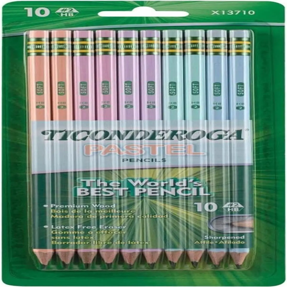 Dixon Ticonderoga Premium Wood HB Graphite Pencils, Assorted Pastel Colors, Writing Supplies with Erasers, 0.4x3.9x9.13in, Even Sharpening, Smooth Writing - Pack of 10