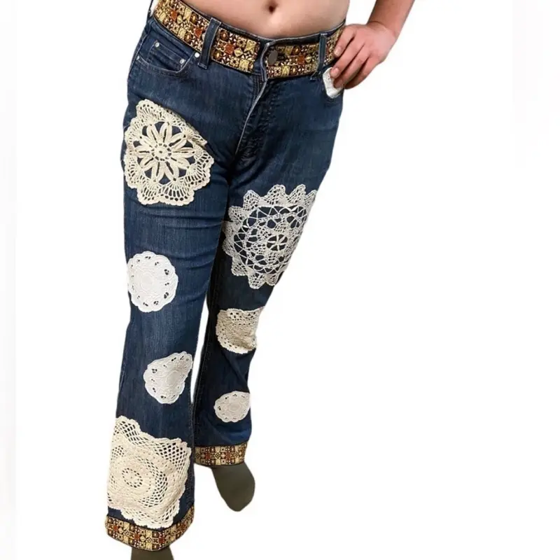 Upcycled Vintage Doily Boot Cut Jeans - Womenswear with Embellished Design, Casual Style, and Comfortable Fit - Bottom