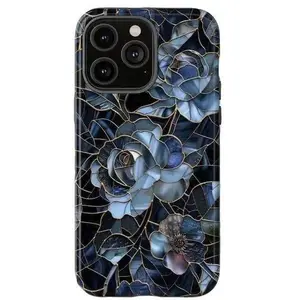 Dark Academia Flower Rose Stained Glass Printed Tough Phone Case for iPhone 11-16. A Black Blue Floral Rose Print with a Fashion Trendy, High Quality Design. The case provides a Protective covering for your smartphone.