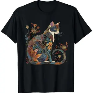100% Cotton Cat Colorful Floral Patterns Vintage Flowers Art Cat Lover T-Shirt