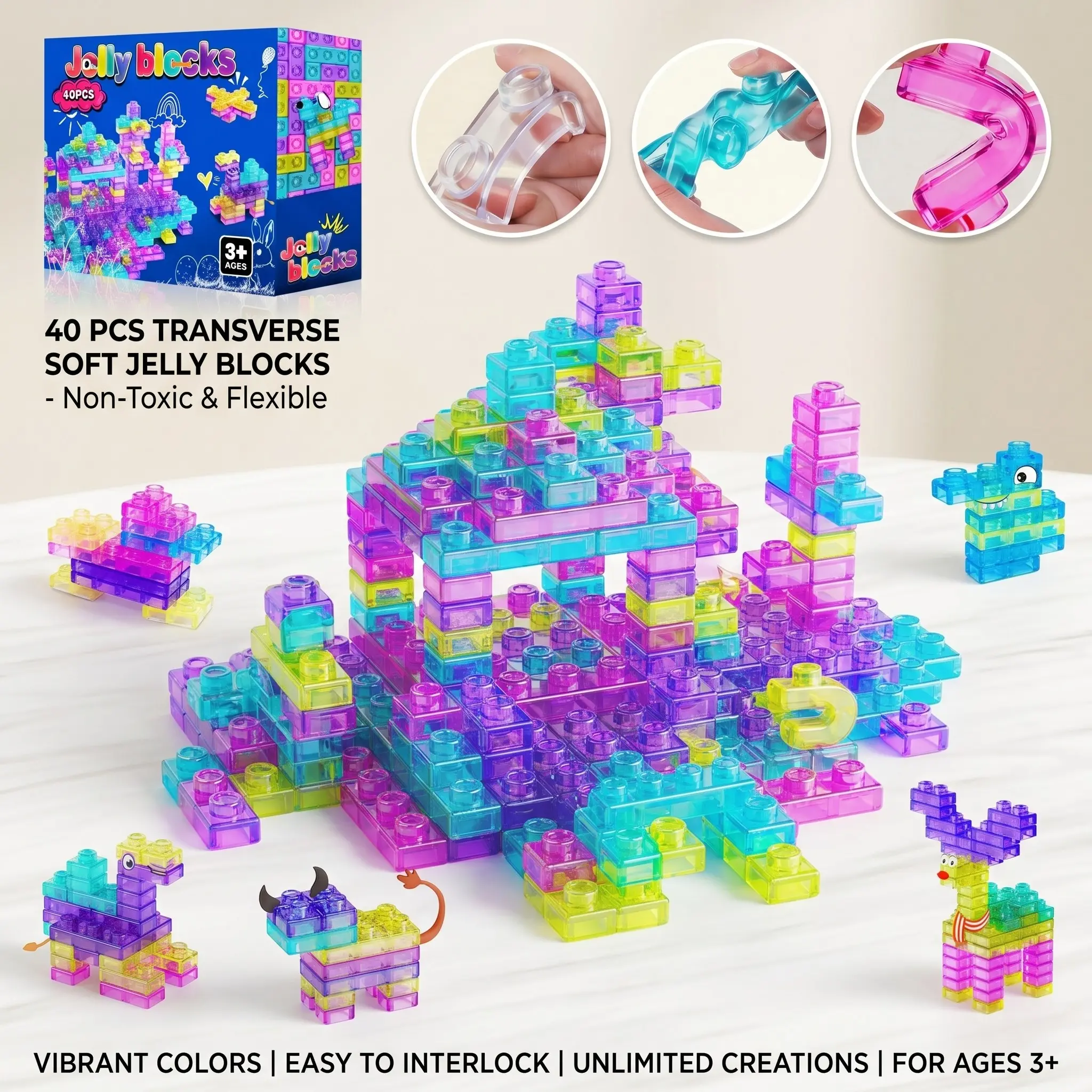 40PCS Jelly Blocks Sensory Building Set, Soft Squishy Stretchy Stacking Blocks for Toddlers 2-5, Montessori STEM Learning Construction Toy, Non-Toxic Tactile Fidget Puzzle Blocks for Kids