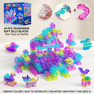 40PCS Jelly Blocks Sensory Building Set, Soft Squishy Stretchy Stacking Blocks for Toddlers 2-5, Montessori STEM Learning Construction Toy, Non-Toxic Tactile Fidget Puzzle Blocks for Kids