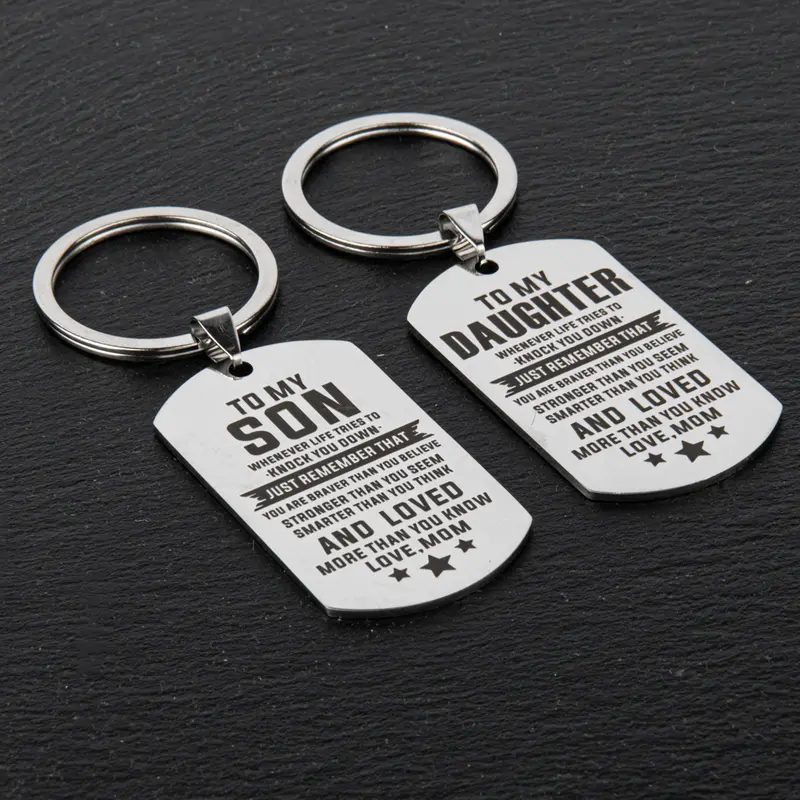 2-Pack Stainless Steel Matching Keychains Set - Rectangular Custom Engraved Vintage Family Pendant, Metal Charm Chain Ring Keychains, Double Ring, Rust-Resistant, Bag Charm, Mom Birthday Gift for Kids & Parents
